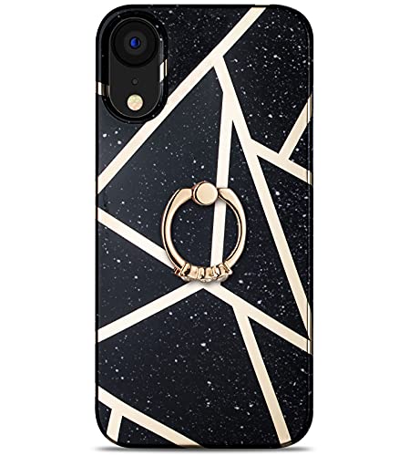 Qokey-Compatible-with-iPhone-XR-CaseMarble-Case-Cute-Fashion-for-Men-Women-Girls-with-360-Degree-Rotating-Ring-Kickstand-Soft-TPU-Shockproof-Cover-Designed-for-iPhone-XR-61-Plating-Black-0